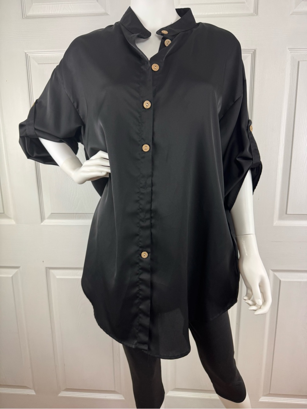 Women's Black Button-Front Tunic with Roll-Tab Sleeves